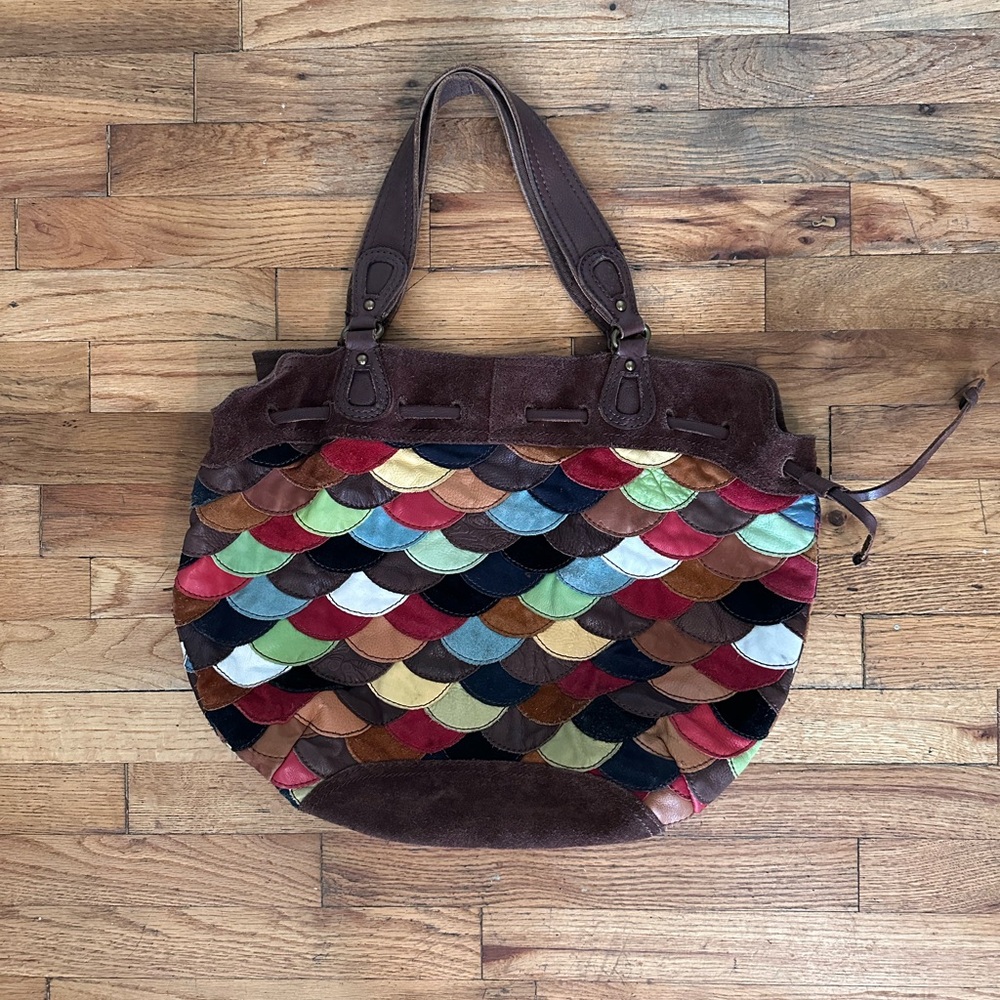 Vintage LUCKY BRAND Multi-Color Suede Patchwork Scallop HOBO Purse